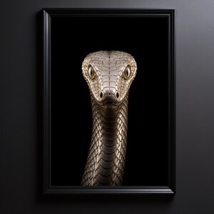 Puede incluir: Una pieza de arte mural enmarcada que presenta un retrato frontal de alto contraste de la cabeza y el cuello de una serpiente de plata metálica. La serpiente tiene escamas texturizadas detalladas y ojos grandes y reflectantes sobre un fondo negro.