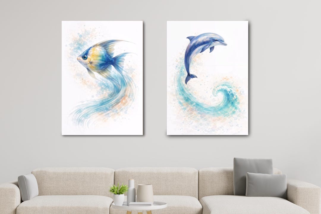 Fish & Dolphin Print Set, Ocean Watercolor Wall Art, Coastal Nautical ...