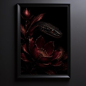 Wandbild mit roter Schlange, Dark-Academia-Dekoration, stimmungsvoller botanischer Schlangendruck, gotische florale Wanddekoration, Schlangenkunstwerk