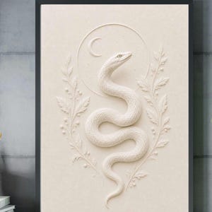 Witte Slang Maan Muurdecoratie, Botanische Slangenprint, Neutrale Maanposter, Luxe Beige Reliëf Muurdecoratie