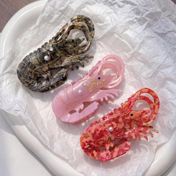 Personalized Custom Cute Pearl Lobster Hair Claw Clip | Trendy Statement Ocean Barrette | Aesthetic Summer Hair Accessory & Fashion Choice