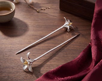 Orchid hairpin, silver-plated, Chinese-style floral hairpin, Hanfu retro elegant hair accessory