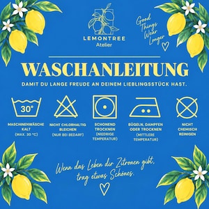 May include: A blue instructional card featuring yellow lemon illustrations and white text. It displays laundry care symbols with German labels, including washing, bleaching, drying, ironing, and dry cleaning instructions for garment maintenance.