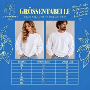 Größentabelle Unisex-Sweatshirt mit Breite und Länge in Zentimetern von XS bis 3XL