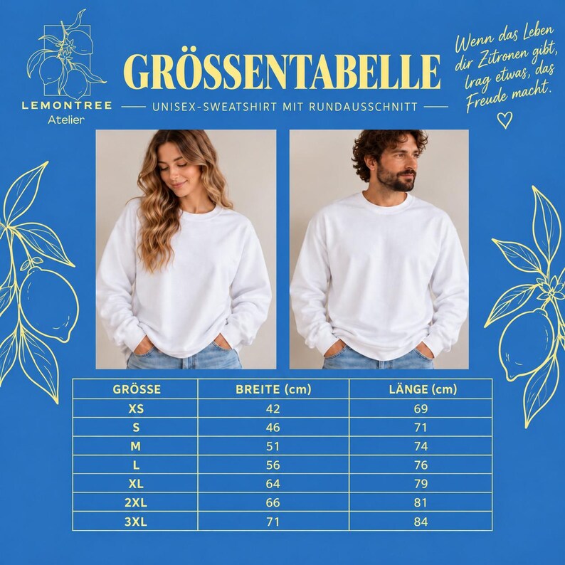 Größentabelle Unisex-Sweatshirt mit Breite und Länge in Zentimetern von XS bis 3XL