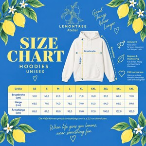 May include: A white hoodie displayed on a blue background with a size chart featuring measurements in centimeters for sizes XS to 5XL. The graphic includes lemon illustrations, the text Lemontree Atelier, and the phrase Good Things Wear Longer.