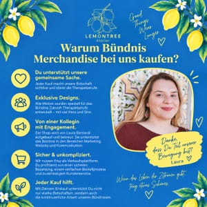 May include: A blue informational graphic featuring yellow lemon illustrations and white text. It includes a circular photograph of a person, five yellow icons, and the text Lemontree Atelier, Good Things Wear Longer, and Warum B&uuml;ndnis Merchandise bei uns kaufen?