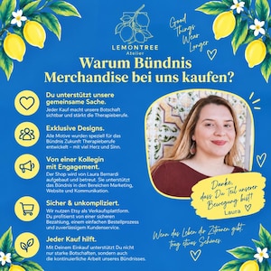 May include: A blue informational graphic featuring yellow lemon illustrations and white text. It includes a circular photograph of a person, five yellow icons, and the text Lemontree Atelier, Good Things Wear Longer, and Warum B&uuml;ndnis Merchandise bei uns kaufen?