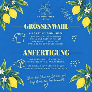 Info-Grafik zur Größenwahl und Anfertigung: Unisex-Schnitt, Bearbeitungszeit 1 bis 5 Werktage