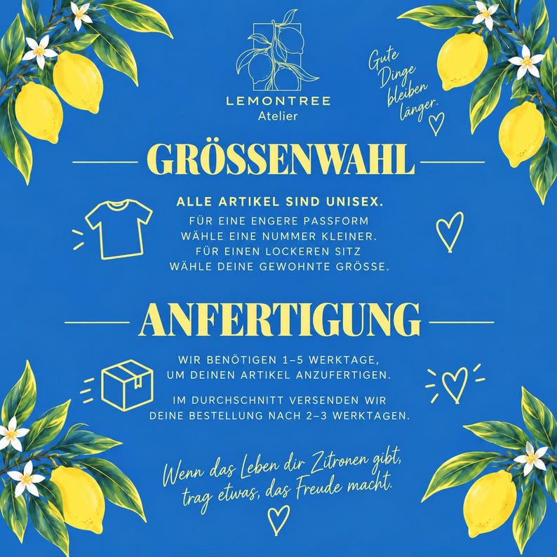 Info-Grafik zur Größenwahl und Anfertigung: Unisex-Schnitt, Bearbeitungszeit 1 bis 5 Werktage