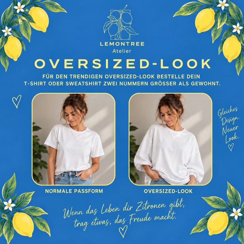 Oversized-Look Vergleich: normale Passform und oversized, zwei Größen größer bestellen