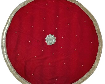 Set Of 2 Indian Round Puja Thali Cover Velvet Fabric Hanging Red and Gold Fringe Work Chowki Pooja Assan Mat Hindu Prayer All Size Available
