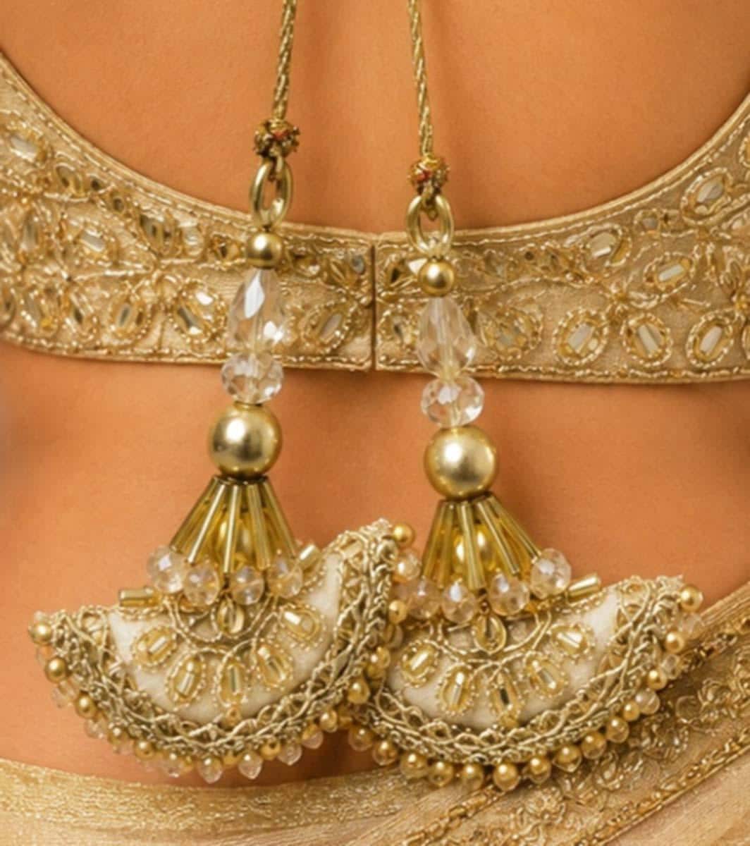 Sale For 2 Pair Indian Bridal Sari Blouse Latkan for Women Tassels Golden Dress Decor ( 3 Meter Dori Free )