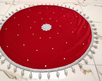 Indian Round Puja Thali Cover Velvet Maroon Colour Silver Beads Work Chowki Pooja Assan Mat Hindu Prayer Mat ( All Size Available )