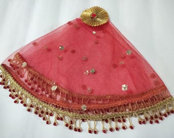Set Of 2 Indian Round Puja Thali Cover Net Sequins Hanging Red and Gold Beads Work Chowki Pooja Assan Mat Hindu Prayer All Size Available