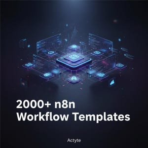 May include: A digital illustration featuring a central data processing unit with interconnected screens and icons, all in shades of blue and purple. The text "2000+ n8n Workflow Templates" is displayed in white, with "Actyte" below.
