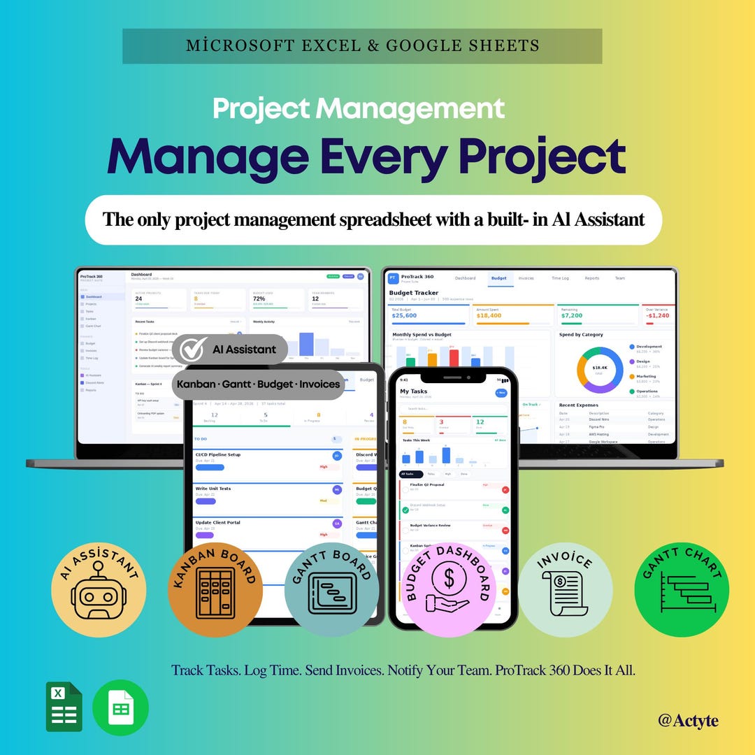 360 Project Manager Protrack 360 | Project Management Spreadsheet | AI Assistant + Discord ...