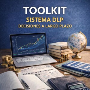 Puede incluir: Un portátil que muestra un gráfico de bolsa está sobre un escritorio de madera, rodeado de libros, monedas, un globo terráqueo y un periódico. El texto "TOOLKIT" y "SISTEMA DLP DECISIONES A LARGO PLAZO" está en la parte superior.