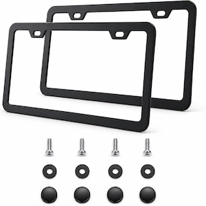 May include: Two black license plate frames with mounting hardware. The frames are rectangular with rounded corners and a matte finish. Included are screws, washers, and black screw cap covers.