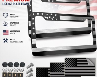 American Flag License Plate Frame 2 Pack | USA Patriotic Black Car Tag Holder | Aluminum Plastic Hybrid, Brushed Finish, Screw Caps