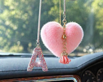 Personalized Bling Car Charm Initial A, Pink Heart Rearview Mirror Hanging, Rhinestone Letter Pendant, Cute Car Accessories Gift for Women