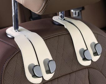 Car Seat Back Purse Hooks 2 Pack, Premium Stitched Leather & Aluminum Alloy, Universal Double Bag Hangers for Car SUV Truck