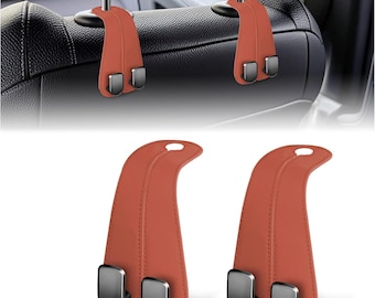 2 Pack Car Seat Hooks – Leather Purse & Bag Hangers, Headrest Organizer, Car Storage Hooks for Handbags and Grocery Bags, Brown