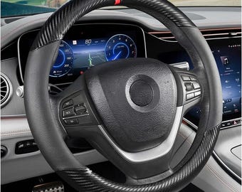Carbon Fiber Steering Wheel Cover Red Black, Universal 15 Inch Car Wheel Cover, Anti-Slip Soft Plush Grip, Car Interior Accessory