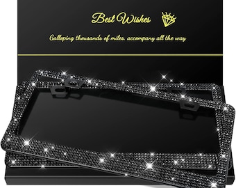 2 Pack Bling License Plate Frames for Women, Sparkly Rhinestone Diamond Car Decor with Crystal Caps, Glitter Accessories