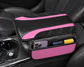 Pink Car Armrest Cover with Storage Pockets, Leather Center Console Cushion Organizer, Universal SUV Truck Sedan Interior Accessory