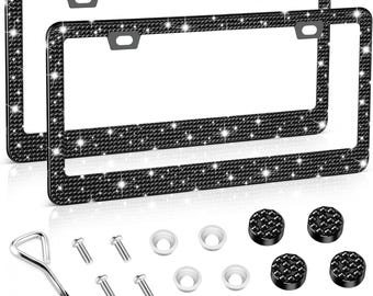 Rhinestone License Plate Frame for Women 2 Pack Black Bling Car Tag Holder Crystal Stainless Steel Diamond Sparkle Car Accessories Gift