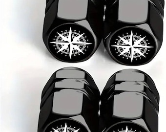 Zwarte aluminium ventieldopjes, kompasontwerp, roestbestendig (4 stuks)