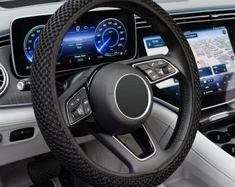 Universal Steering Wheel Cover 15 Inch, Breathable Ice Silk, Anti Slip Grip, Summer Cool Winter Warm, Stretch Fit Car Accessory Black