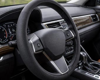 Universal 15 Inch Leather Steering Wheel Cover Black, Non Slip Breathable Grip, Car SUV Truck Interior Protector Accessory
