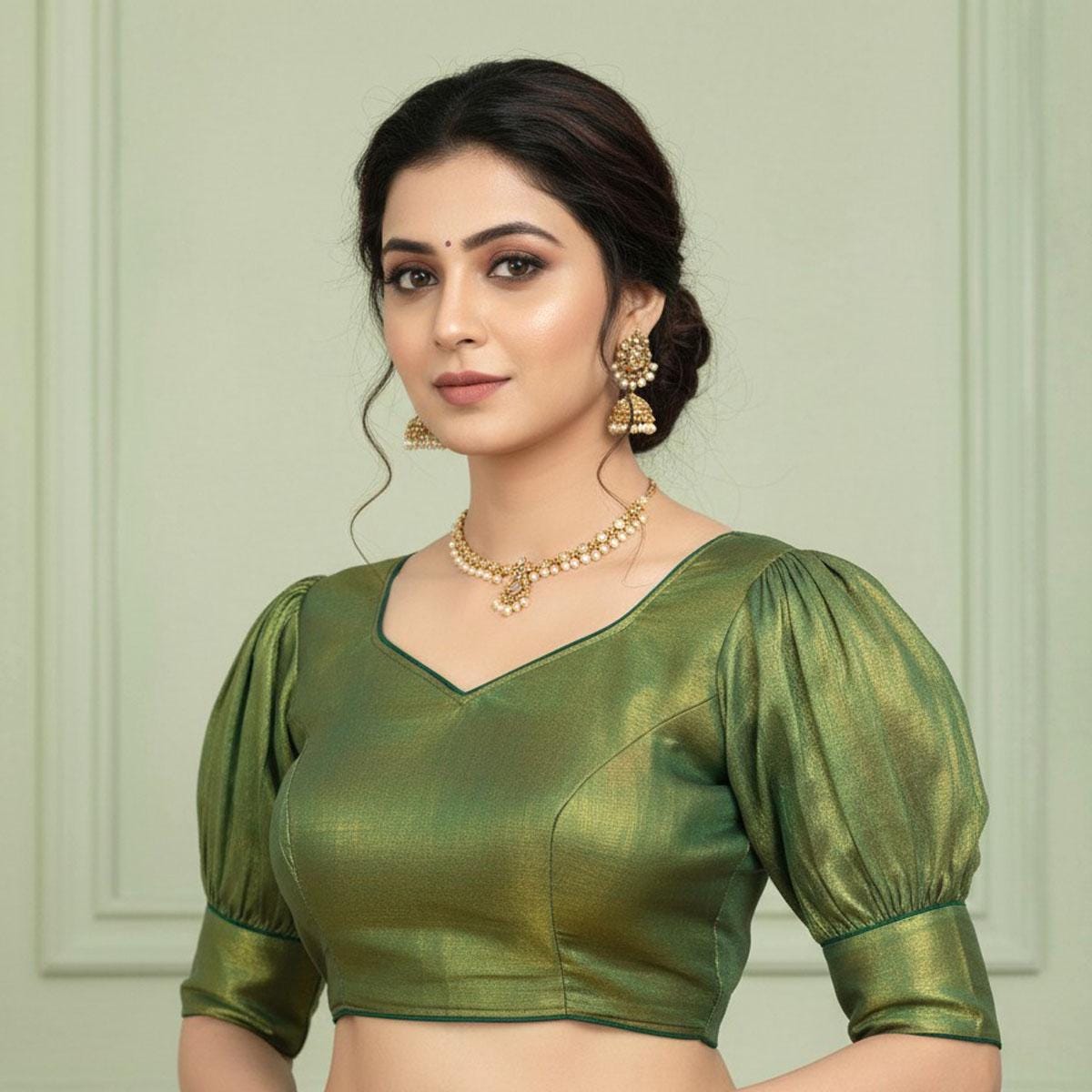 MirchiFashion Indiase damesjurk, Sari met gedeeltelijk ondoorzichtig bovenstuk/blouse party Indiase sari kleding, groen, one size