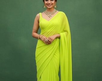 Solid Plain Bollywood Saree, Trending Saree, Georgette Saree, Wedding Saree, Party-Wear Saree, Indian Saree, Soft Saree, Bridesmaid Saree