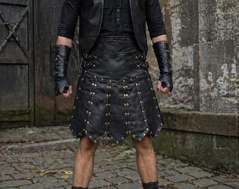 Black Leather Kilt with Studded Design, Warrior Style Biker Cosplay