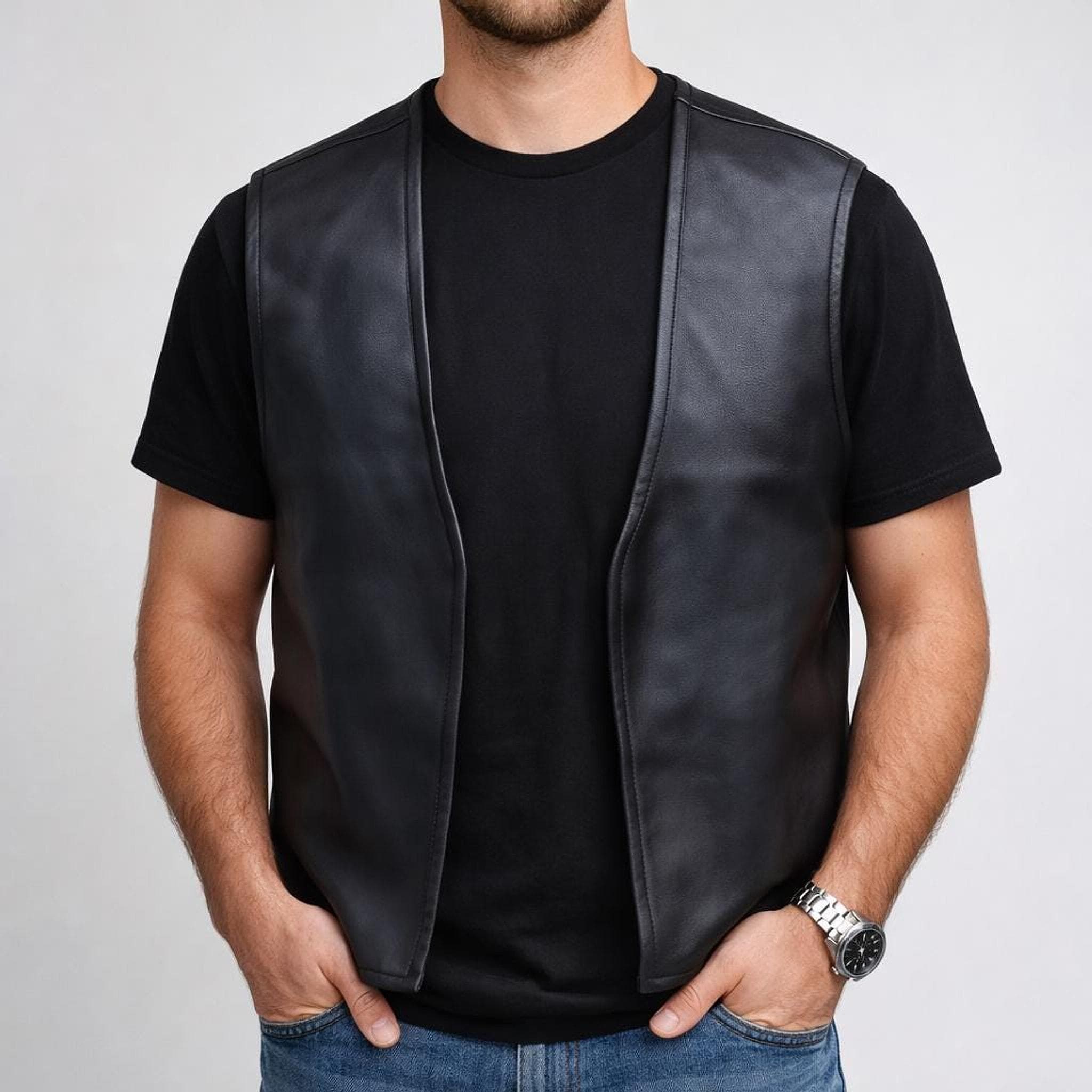 Black Biker Vest, Classic Leather Waistcoat for Motorcycle Riders