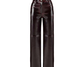 High Waisted Deep Burgundy Leather Pants – Shiny Vinyl Straight Leg Trousers – Dark Red Vegan Leather Streetwear Pants