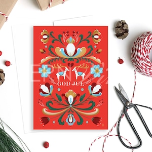 Set of 6 Norwegian Rosemaling God Jul Christmas Cards
