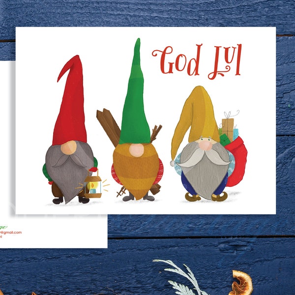 Set of 6 Scandinavian Julenissen God Jul Christmas Card