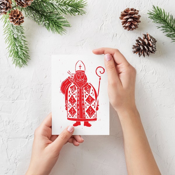Set of 6 Linocut St. Nicholas Christmas Card  Blank Greeting Cards