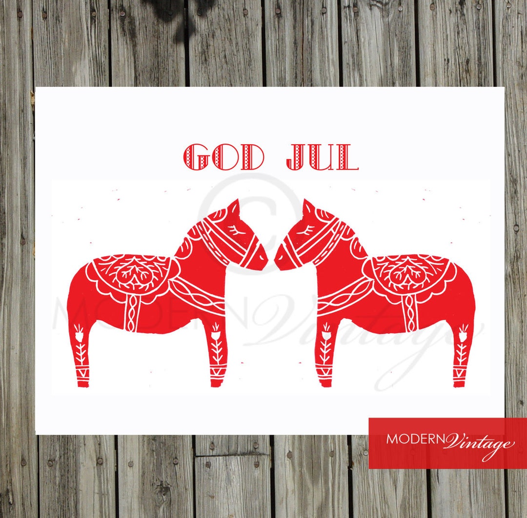 Dala Horse God Jul, Merry Christmas, Season's Greetings Linocut Print ...