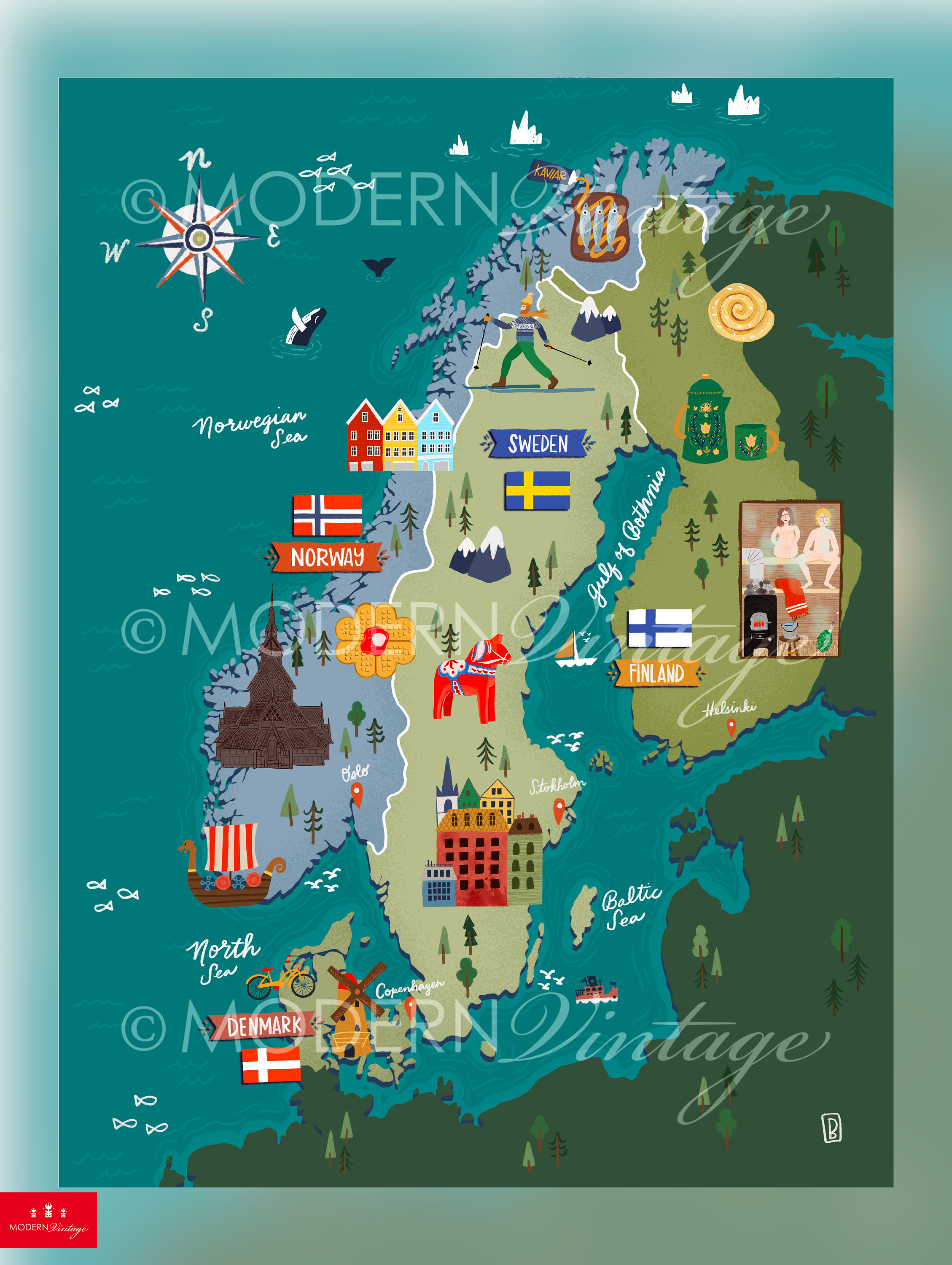 Illustrated Map Of Norway Sweden Finland And Denmark Scandinavia Il Fullxfull.5525417959 Ch8g