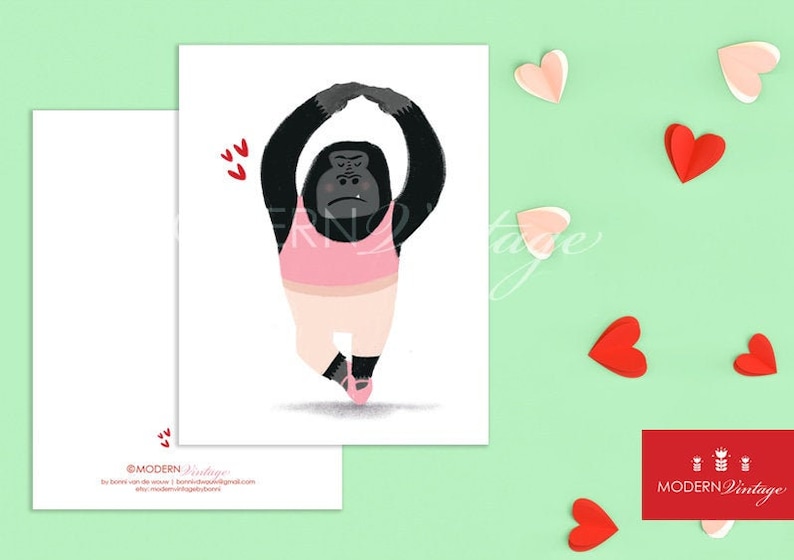 Funny /& Adorable Ballerina Gorilla Love Blank Note Card