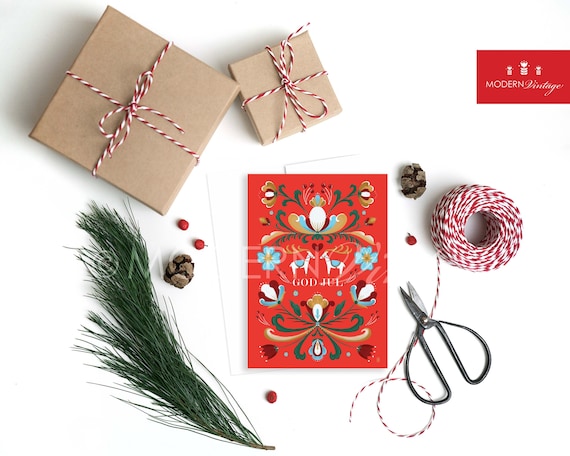 Set of 6 Norwegian Rosemaling God Jul Christmas Cards