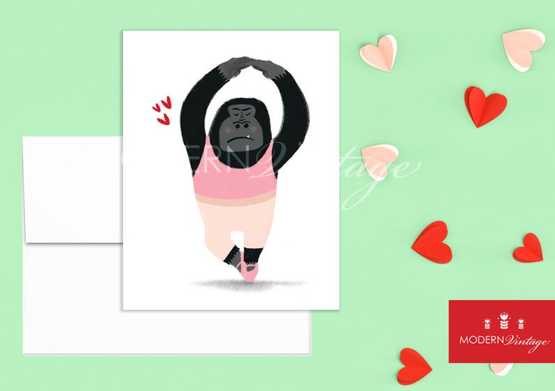 Funny /& Adorable Ballerina Gorilla Love Blank Note Card