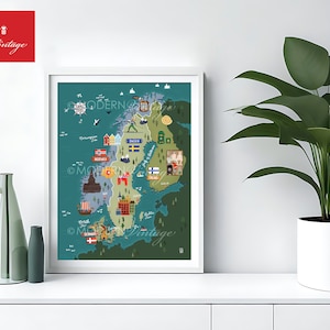 Illustrated Map of Norway, Sweden, Finland and Denmark - Scandinavia 18x24