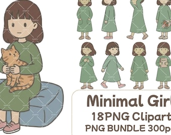 Minimalistisches Mädchen-Clipart-Bundle, süßes Mädchen (PNG), 18 minimalistische Charakterillustrationen, einfache Mädchen-Cliparts, Planer-Sticker-Grafiken