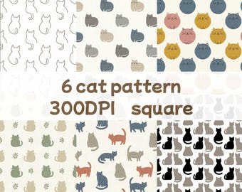 Digitales Papier mit 6 Katzenmotiven | Niedliches, nahtloses Katzenmuster-Bundle | Druckbares Scrapbook-Papier (300 dpi) | Neutraler Tierhintergrund
